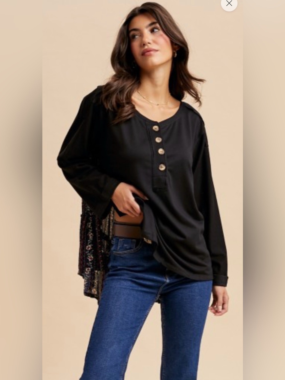 Long Sleeve Black Henley Top with Button Placket